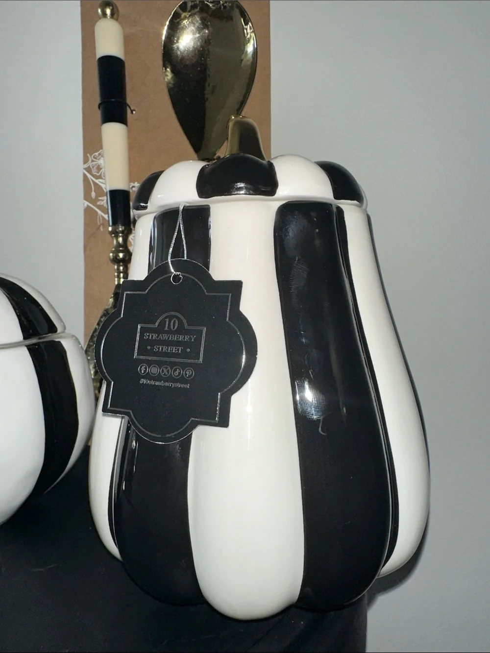 Black & White Striped Ceramic Pumpkin Canisters McKenzie Childs inspired